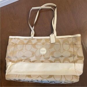 Coach Canvas Signature Tote in Beige and Cream Leather Trim